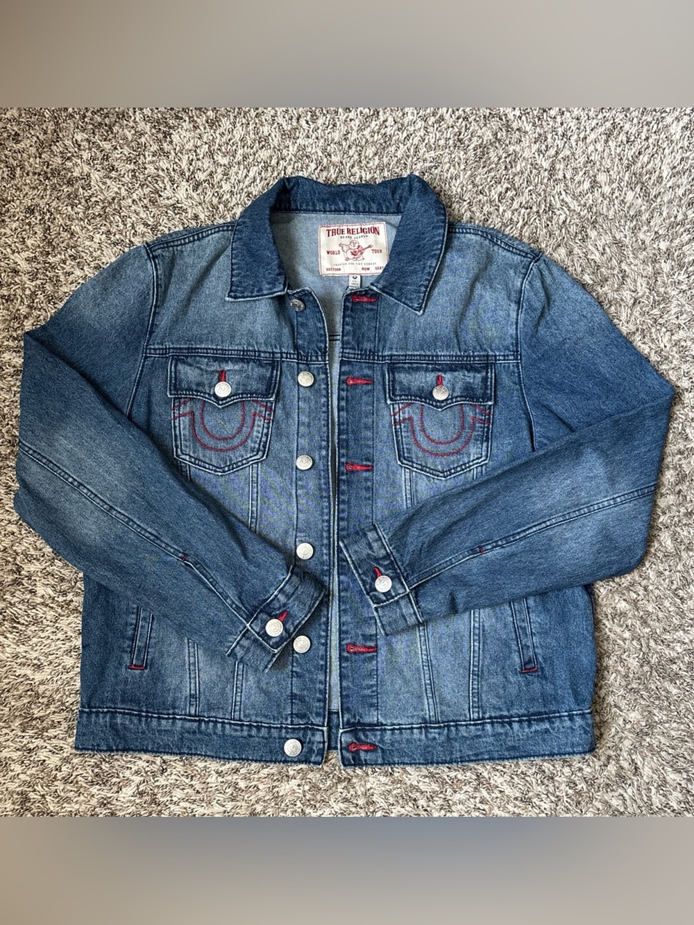 True Religion Blue Denim Jacket with Red Stitching Accents